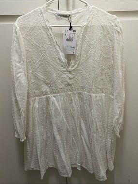 Zara White Embroidered V-Neck Peasant Dress